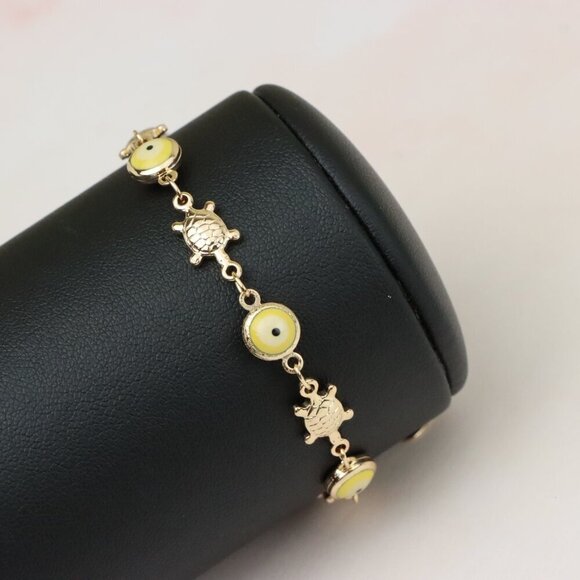 "Rose Gold Turtle & Yellow Evil Eye Bracelet, Cute Protective Design, XPBL0744 - Picture 5 of 12